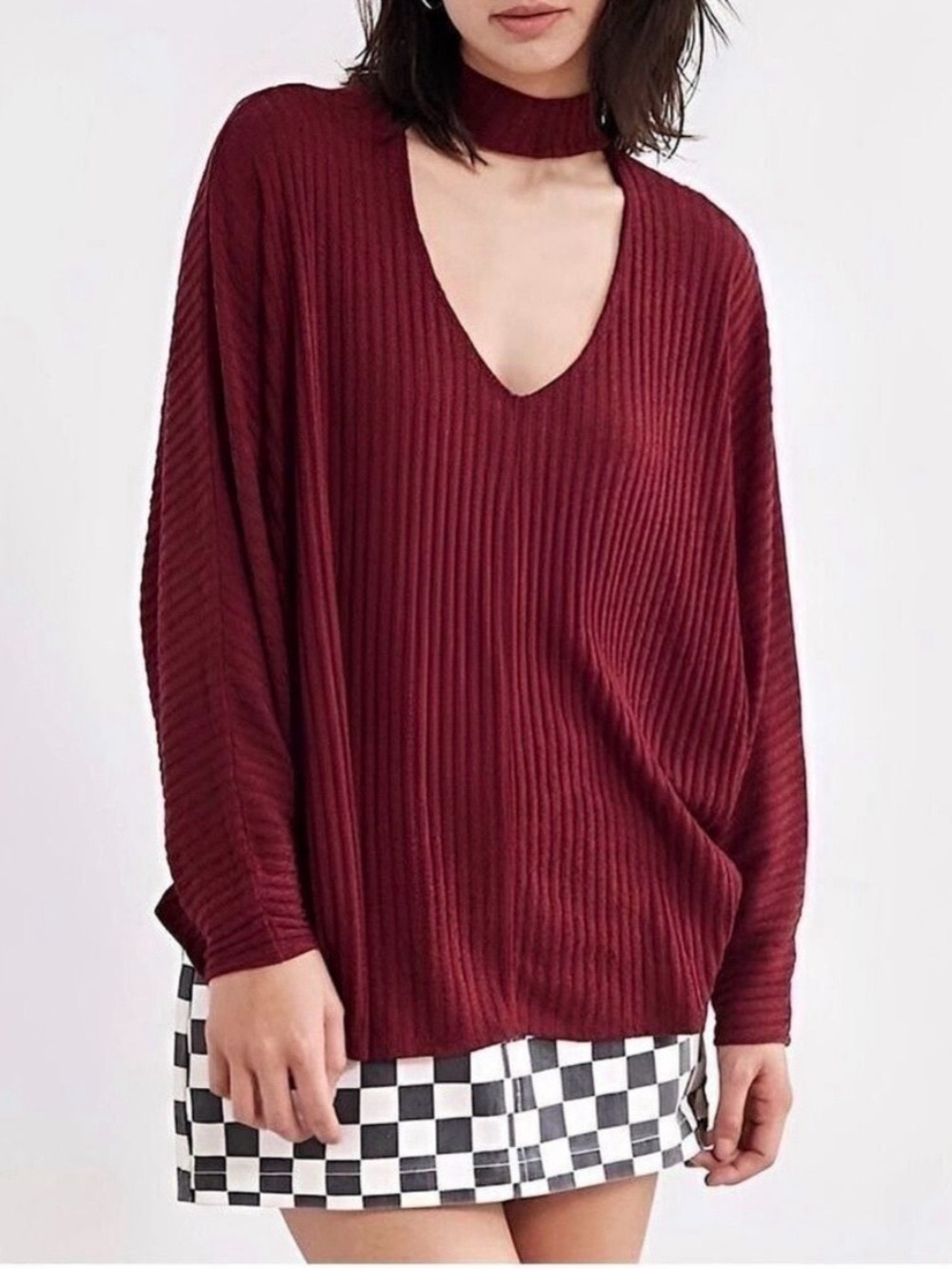 Urban Outfitters Ribbed V-Neck Choker Sweater - Burgundy NWOT